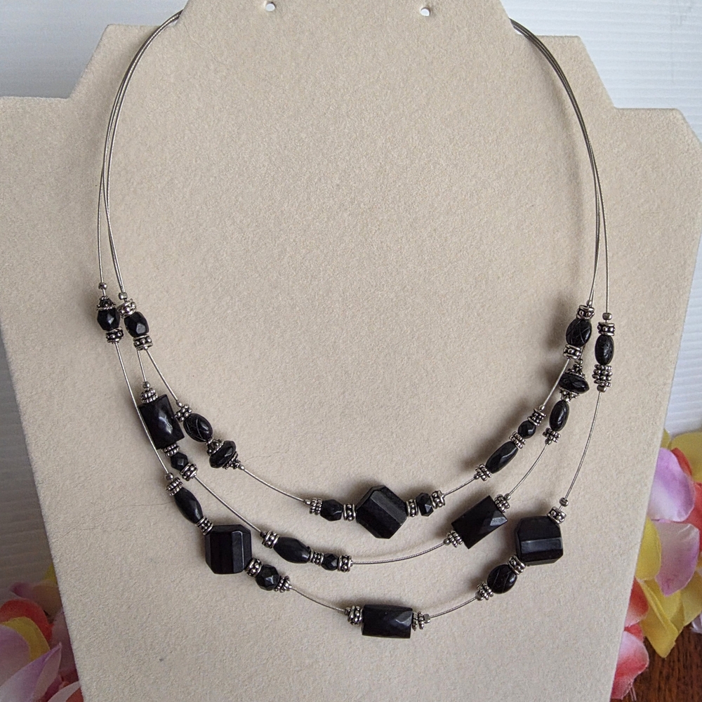 Soft grunge goth witchy vampire black and silver layered beaded necklace